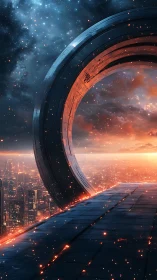 Massive orbital gate dominates futuristic skyline at sunset glow