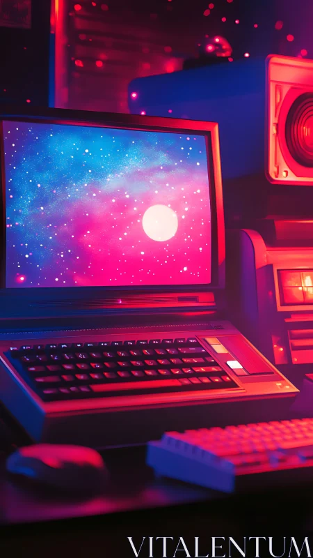 Retro computer under neon glow with cosmic screenscape.