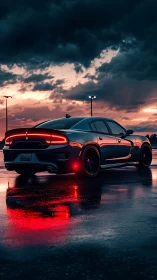 Sport sedan on wet asphalt under dramatic evening sky.