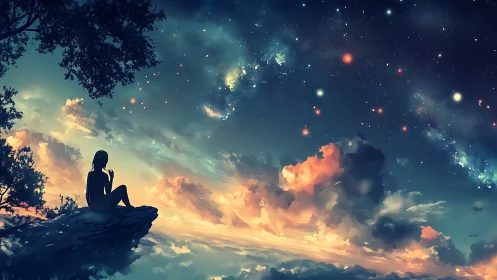 Silhouette sits on cliff edge beneath dense star field