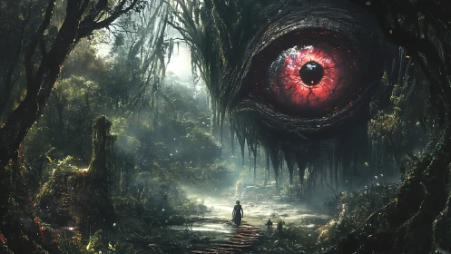 Colossal crimson forest eye watching lone wanderers below.