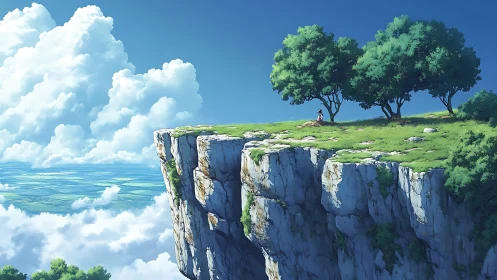 Clifftop Archipelago with Solitary Figure and Ancient Trees.