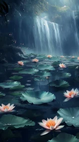 Luminescent water lilies shimmer beneath a misted forest waterfall