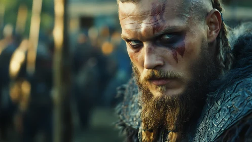 Fierce warrior glares ahead in dramatic battlefield closeup.