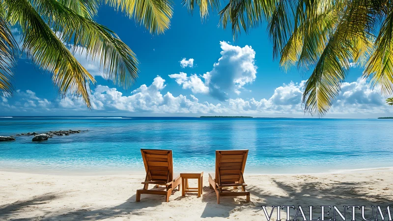 Wooden Beach Chairs on Sand with Tropical Water View.