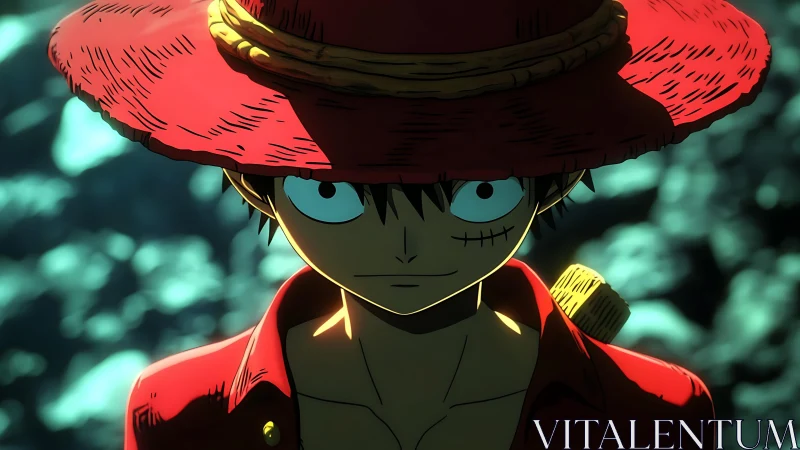 Straw hat adventurer bathed in bold jungle shadow light.