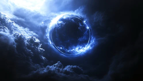 Luminous cosmic portal burns through storm-dark clouds.
