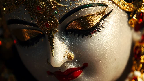 Macro luminance study of gilded devotional sculpted visage.