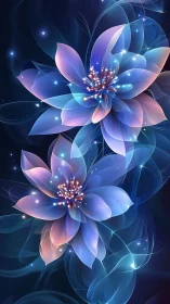 Iridescent luminous blossoms in ethereal digital abstraction.