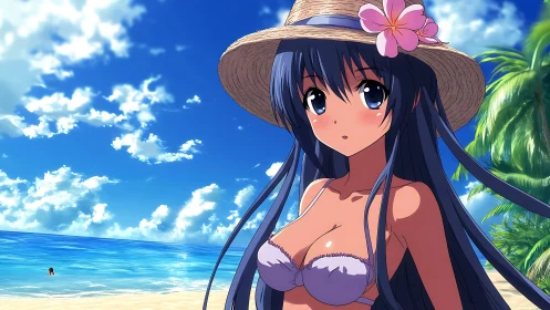 Sunlit anime beach girl enjoys a bright and breezy summer day