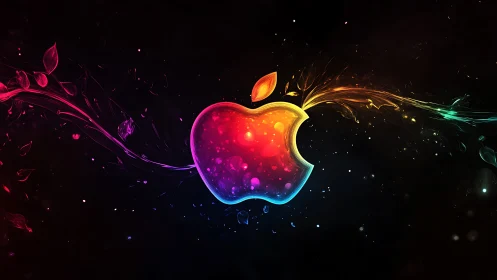 Prismatic apple emblem igniting neon cosmic petals and light.
