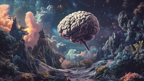 Cosmic landscape with levitating brain and lone explorer.
