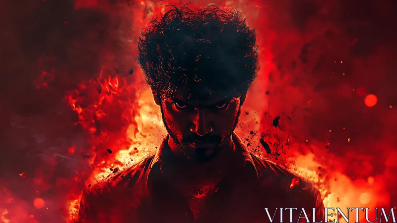 Silhouetted male figure centered in red fiery backdrop.