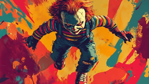 Killer doll character lunges forward over splattered colors