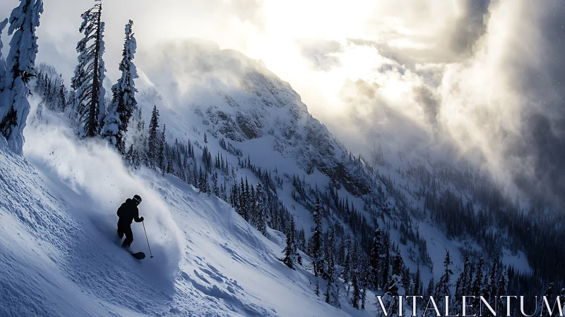 Backcountry skier carves steep powder under dramatic mountain light