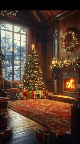Christmas tree and fireplace decorate warm paneled living room