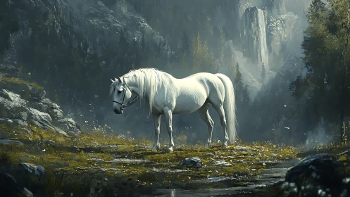White stallion in misted mountain glade under cool daylight.