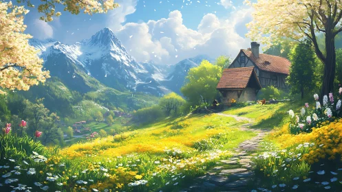 Sunlit mountain cottage welcomes spring across wild meadows