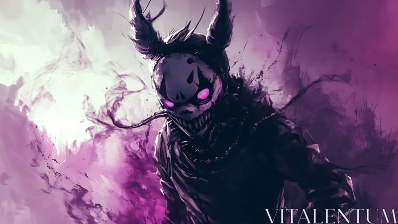 Demonic horned figure with glowing eyes in high contrast purple haze