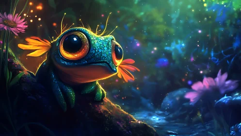 Fantasy digital painting of luminous frog in enchanted forest.