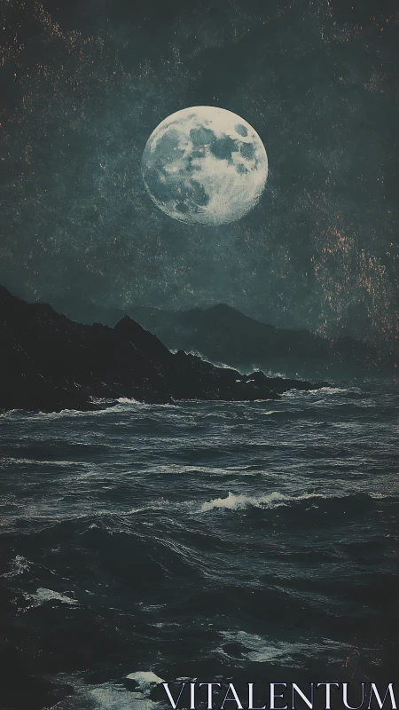 Digital painting seascape with full moon and rugged coastline.