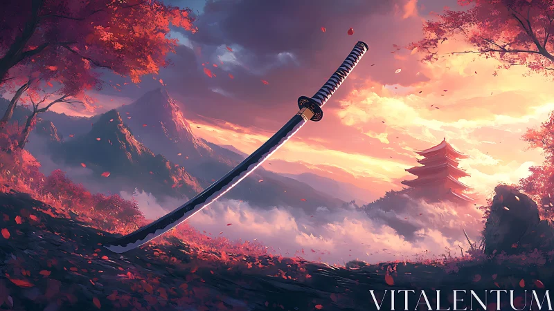 Katana suspended over misty valley with distant pagoda at dusk