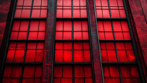 Red industrial window facade shows vertical grid repetition
