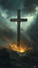 Burning crucifix in stormy landscape with molten ground.