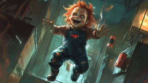 Laughing horror doll dives through neon-lit warehouse chaos