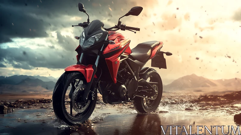 Red sport motorcycle in stormlit desert terrain rendering.