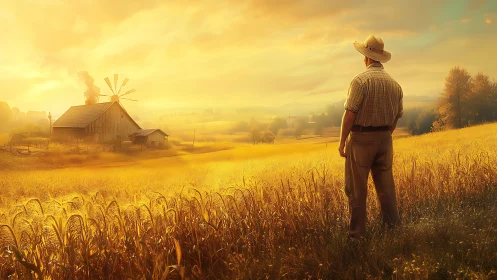 Solitary farmer surveys golden wheat fields at luminous sunset