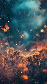 Orange butterflies over glowing wildflowers at dusk sky
