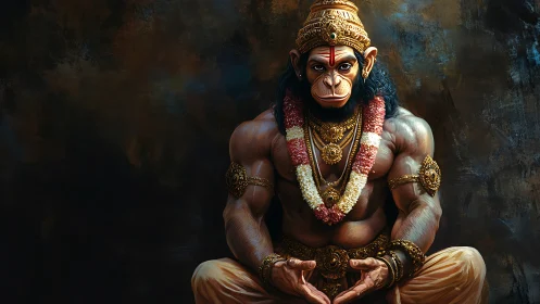 Muscular monkey deity settles into calm, jewel bright focus
