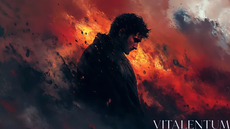 Silhouetted male figure stands against turbulent fiery clouds