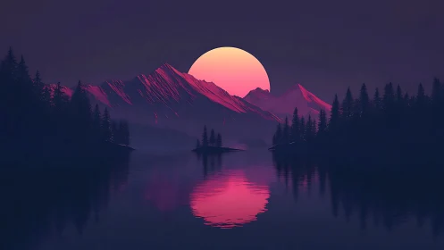 Pink sun over stylized mountains and conifer lake scene.