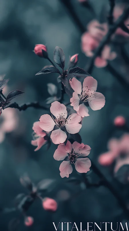 Delicate Pink Blossoms in Moody Blue Light
