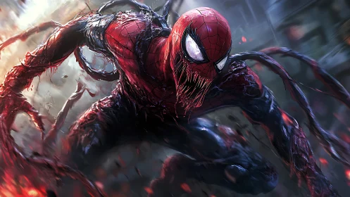 Symbiotic web hero lunges forward through burning city chaos