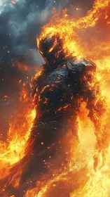 Flaming armored demon strides through roaring inferno storm
