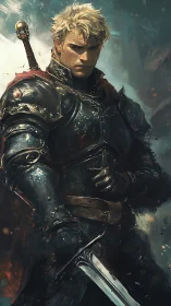 Brooding blonde knight ignites storm-lit battlefield resolve.