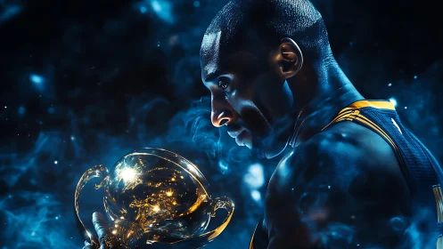 Male basketball player holding trophy in blue smoke field.