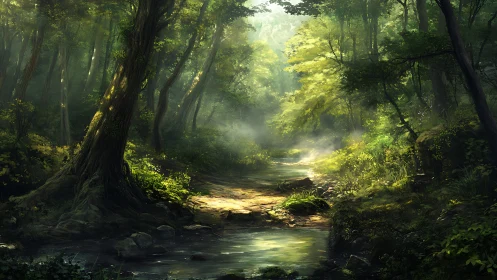 Forest stream sanctuary with luminous canopy light