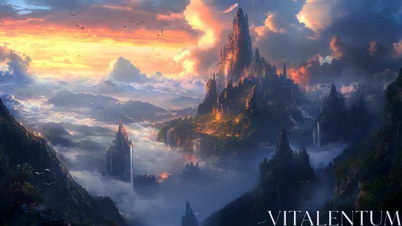 Towering fantasy citadel glows above misty mountain realm.