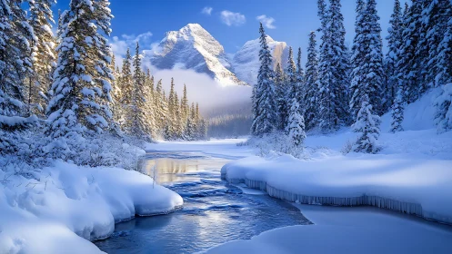 Whispering blue river beneath a snow crowned mountain hush.