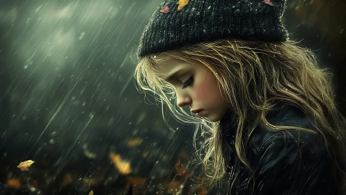 Rain-soaked daydream girl beneath autumn&rsquo;s drifting hush.