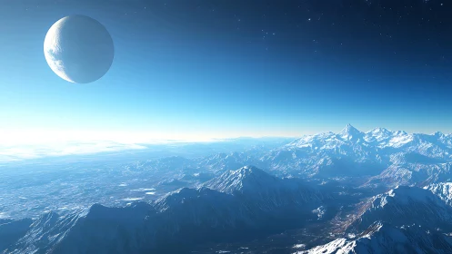 Frozen blue frontier under a watchful distant moonrise.