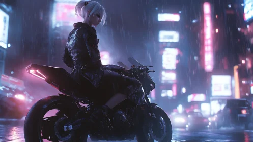 Rain-soaked cyberpunk rider pauses on neon-lit sport motorcycle