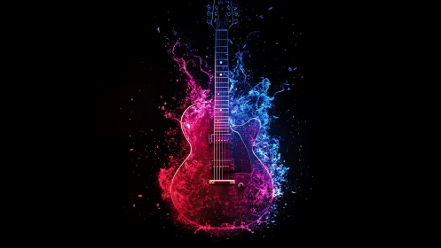 Electric guitar glowing with splashes of neon color.