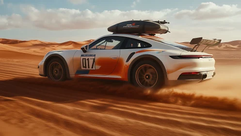 Rally-modified sports car driving across desert dunes.