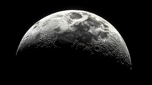 Half-lit lunar surface glows gently in the quiet dark sky