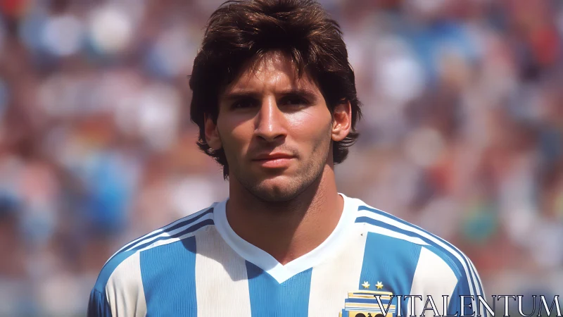 Footballer in striped Argentina kit under stadium daylight.
